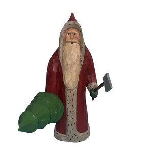 Vintage Santa Claus Tree And Axe Folk Art Style Hand Carved Collectible Wooden